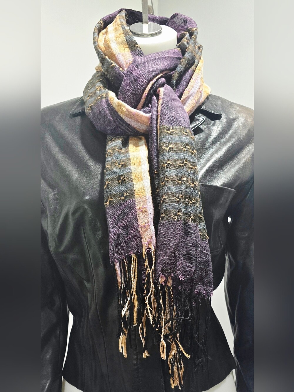 Women's Purple & Tan Woven Fringe Scarf with Stitch Detail